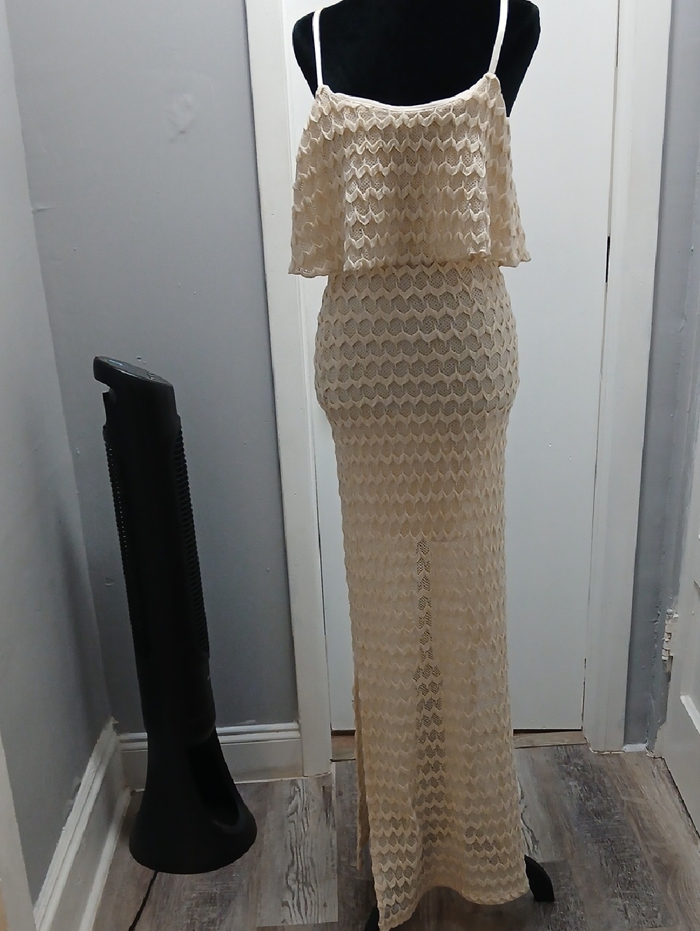 Spaghetti Strap CREAM Crocheted Dress. Strechy with built in slip.